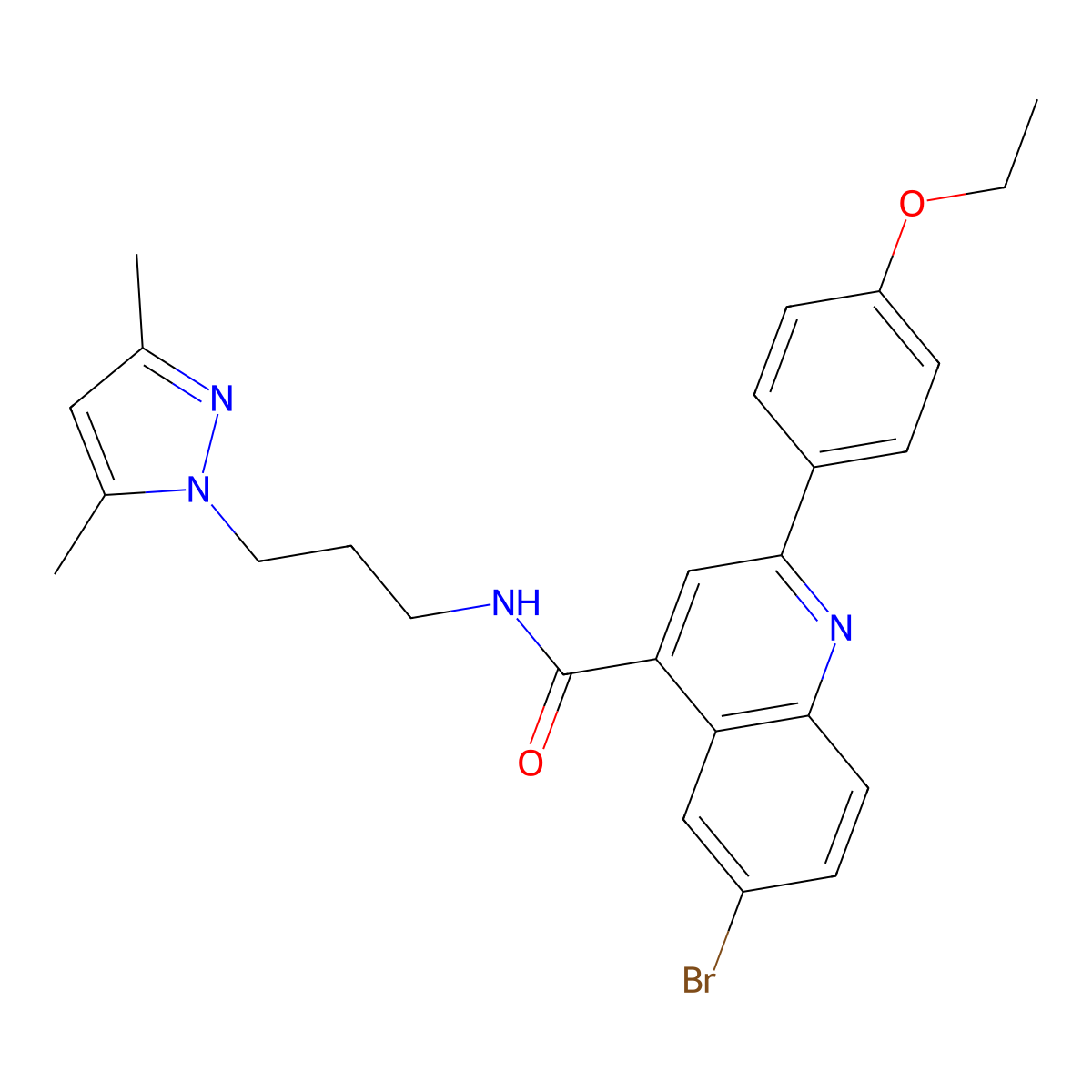 6-bromo-N-[3-(3,5-dimethylpyrazol-1-yl)propyl]-2-(4-ethoxyphenyl)quinoline-4-carboxamide molecular structure, CAS 587852-03-7