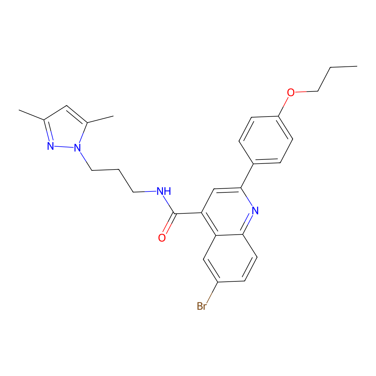6-bromo-N-[3-(3,5-dimethylpyrazol-1-yl)propyl]-2-(4-propoxyphenyl)quinoline-4-carboxamide molecular structure, CAS 587852-04-8