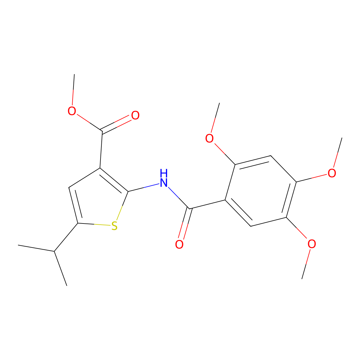 Methyl 5-(propan-2-yl)-2-{[(2,4,5-trimethoxyphenyl)carbonyl]amino}thiophene-3-carboxylate molecular structure, CAS 587852-12-8