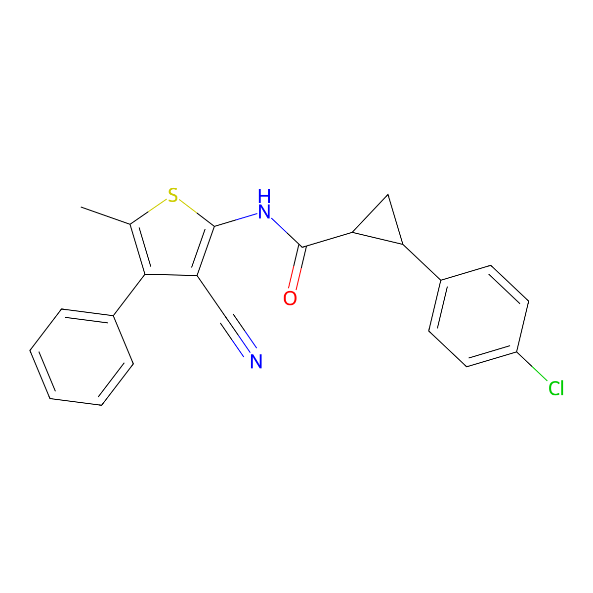 2-(4-chlorophenyl)-N-(3-cyano-5-methyl-4-phenylthiophen-2-yl)cyclopropane-1-carboxamide molecular structure, CAS 587853-22-3