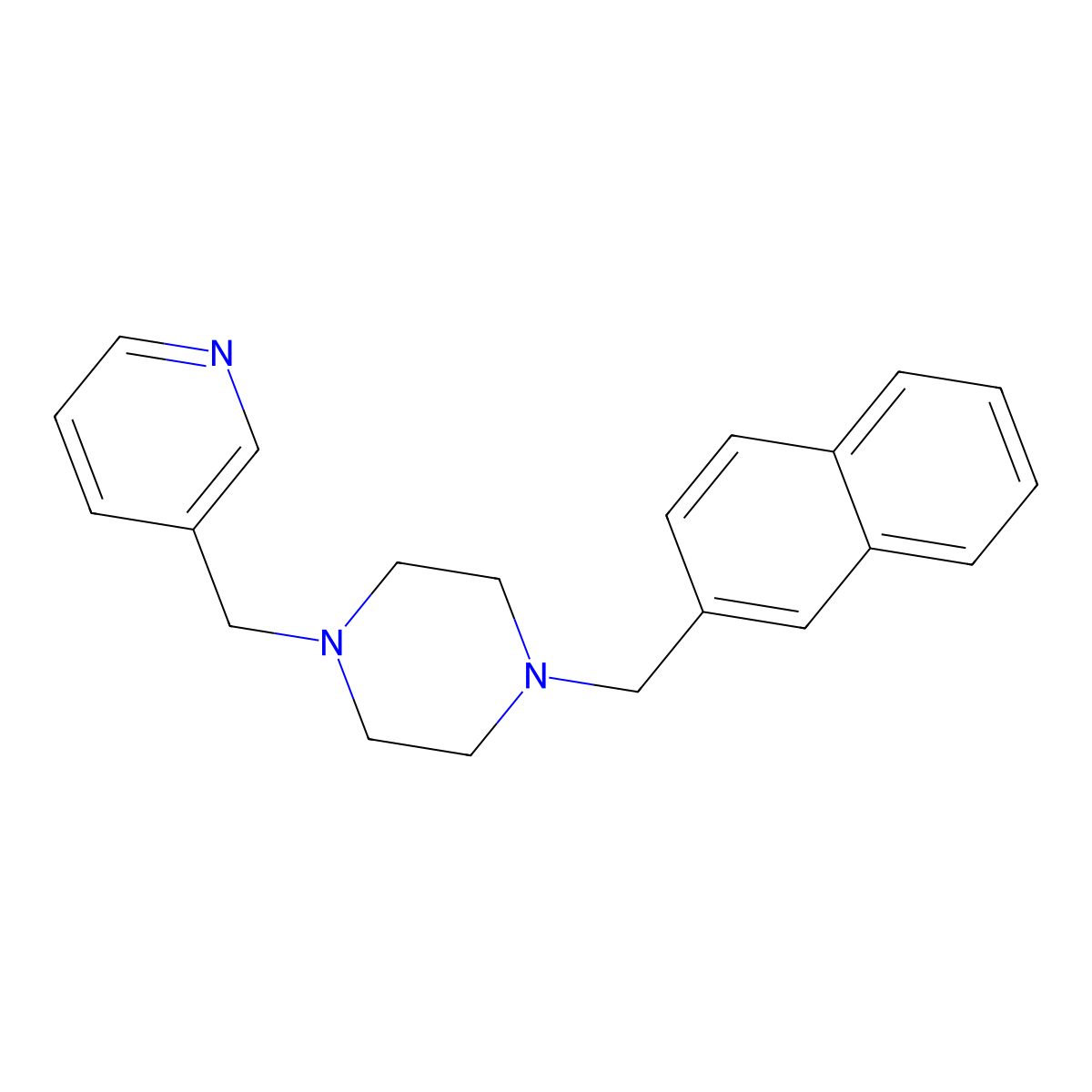 1-(Naphthalen-2-ylmethyl)-4-(pyridin-3-ylmethyl)piperazine molecular structure, CAS 5881-72-1