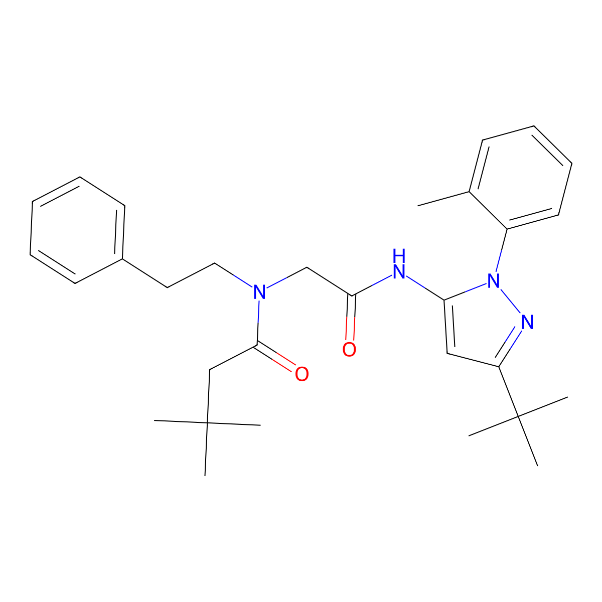 N-[2-[[5-Tert-butyl-2-(2-methylphenyl)pyrazol-3-yl]amino]-2-oxoethyl]-3,3-dimethyl-N-(2-phenylethyl)butanamide molecular structure, CAS 5886-48-6