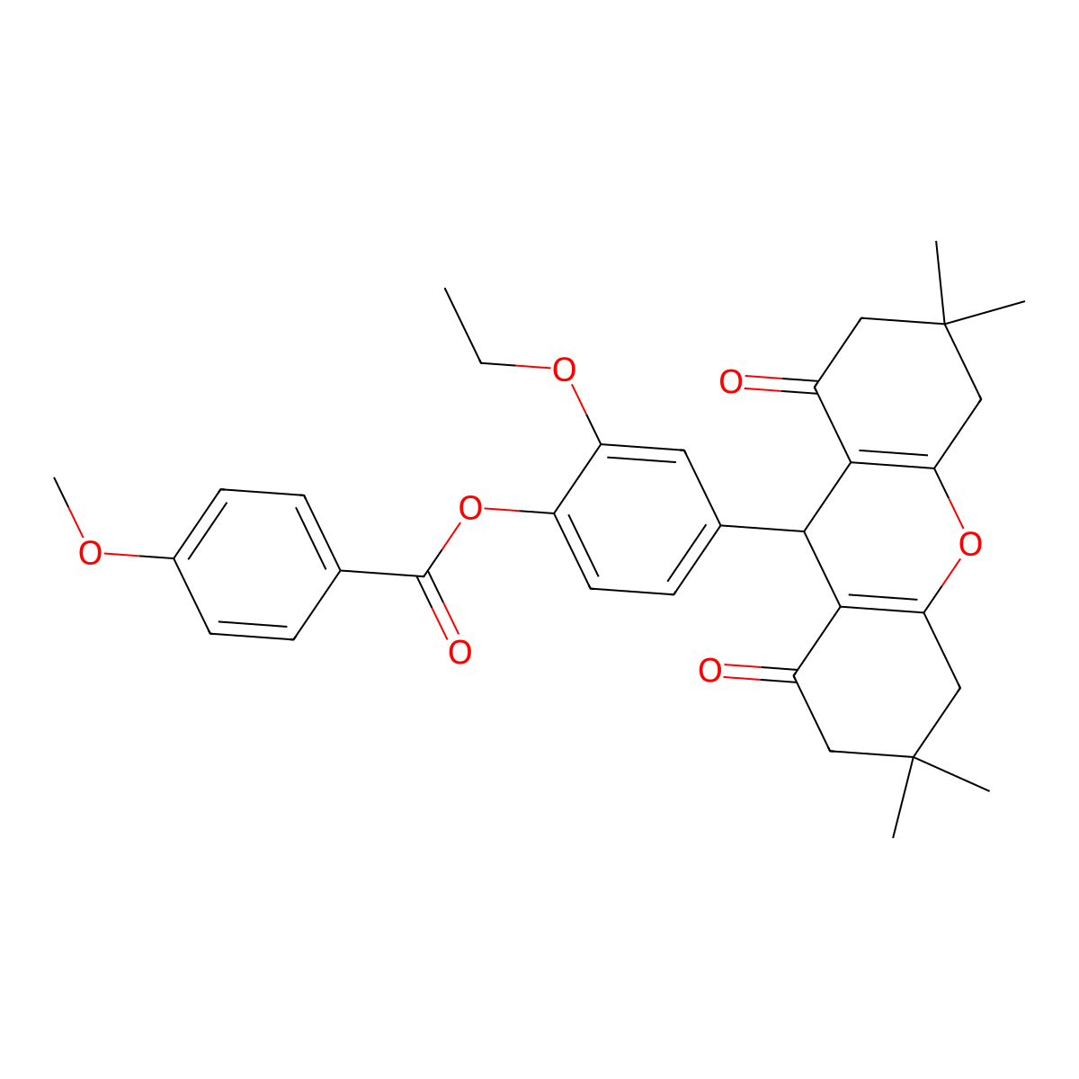 2-ethoxy-4-(3,3,6,6-tetramethyl-1,8-dioxo-2,3,4,5,6,7,8,9-octahydro-1H-xanthen-9-yl)phenyl 4-methoxybenzoate molecular structure, CAS 588672-57-5