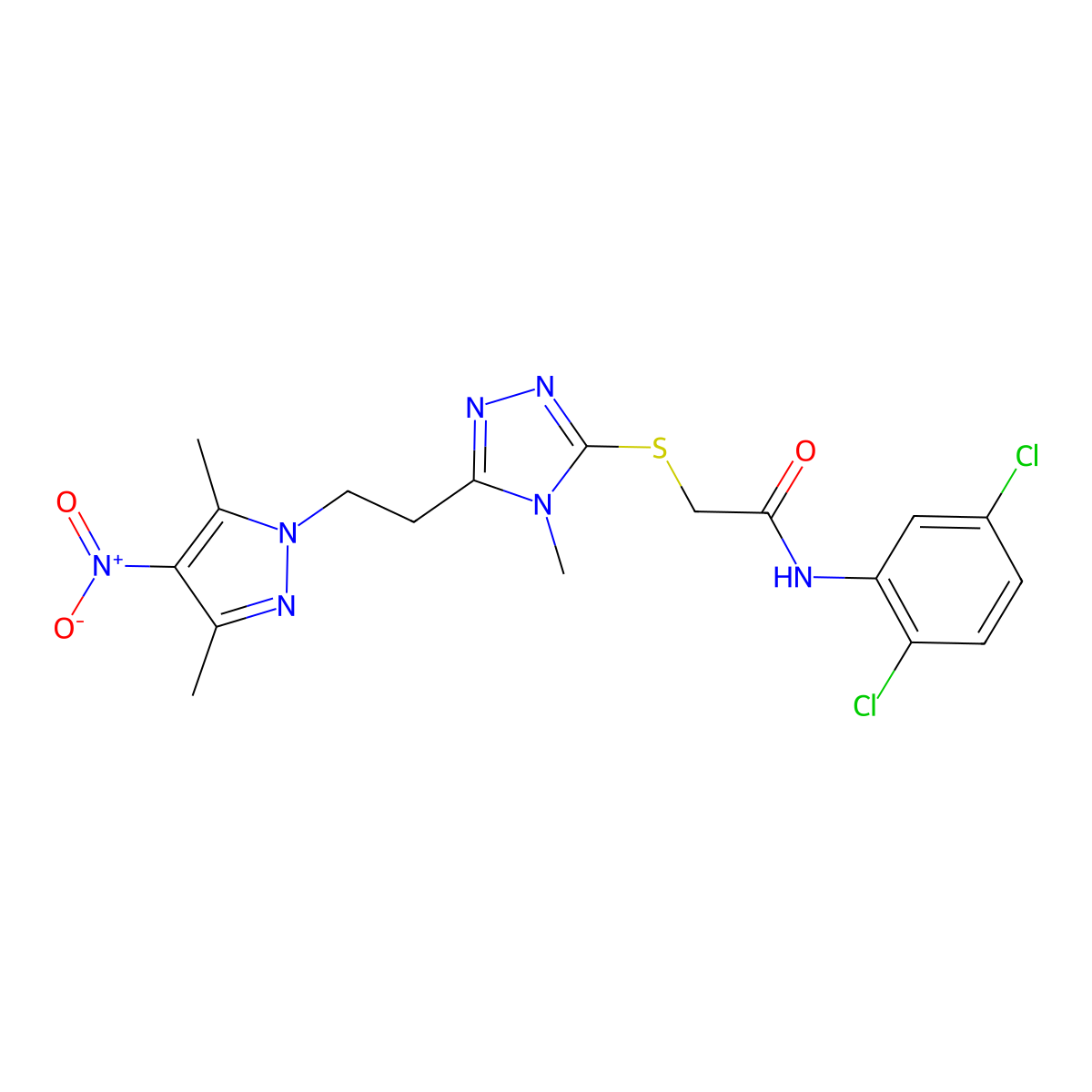 N-(2,5-dichlorophenyl)-2-[[5-[2-(3,5-dimethyl-4-nitropyrazol-1-yl)ethyl]-4-methyl-1,2,4-triazol-3-yl]sulfanyl]acetamide molecular structure, CAS 588672-73-5