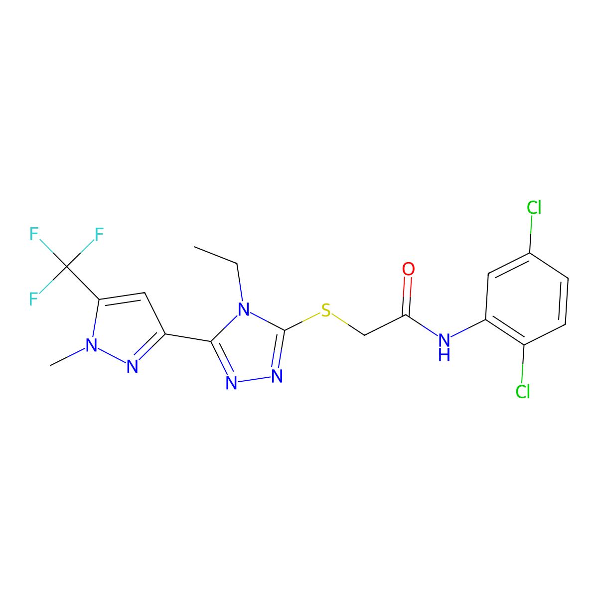 N-(2,5-dichlorophenyl)-2-[[4-ethyl-5-[1-methyl-5-(trifluoromethyl)pyrazol-3-yl]-1,2,4-triazol-3-yl]sulfanyl]acetamide molecular structure, CAS 588672-78-0