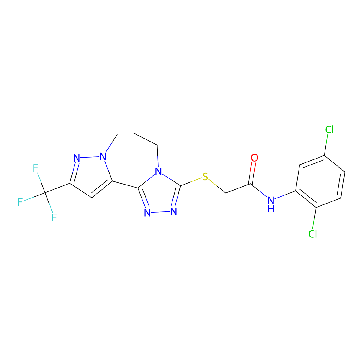 N-(2,5-dichlorophenyl)-2-[[4-ethyl-5-[2-methyl-5-(trifluoromethyl)pyrazol-3-yl]-1,2,4-triazol-3-yl]sulfanyl]acetamide molecular structure, CAS 588672-79-1