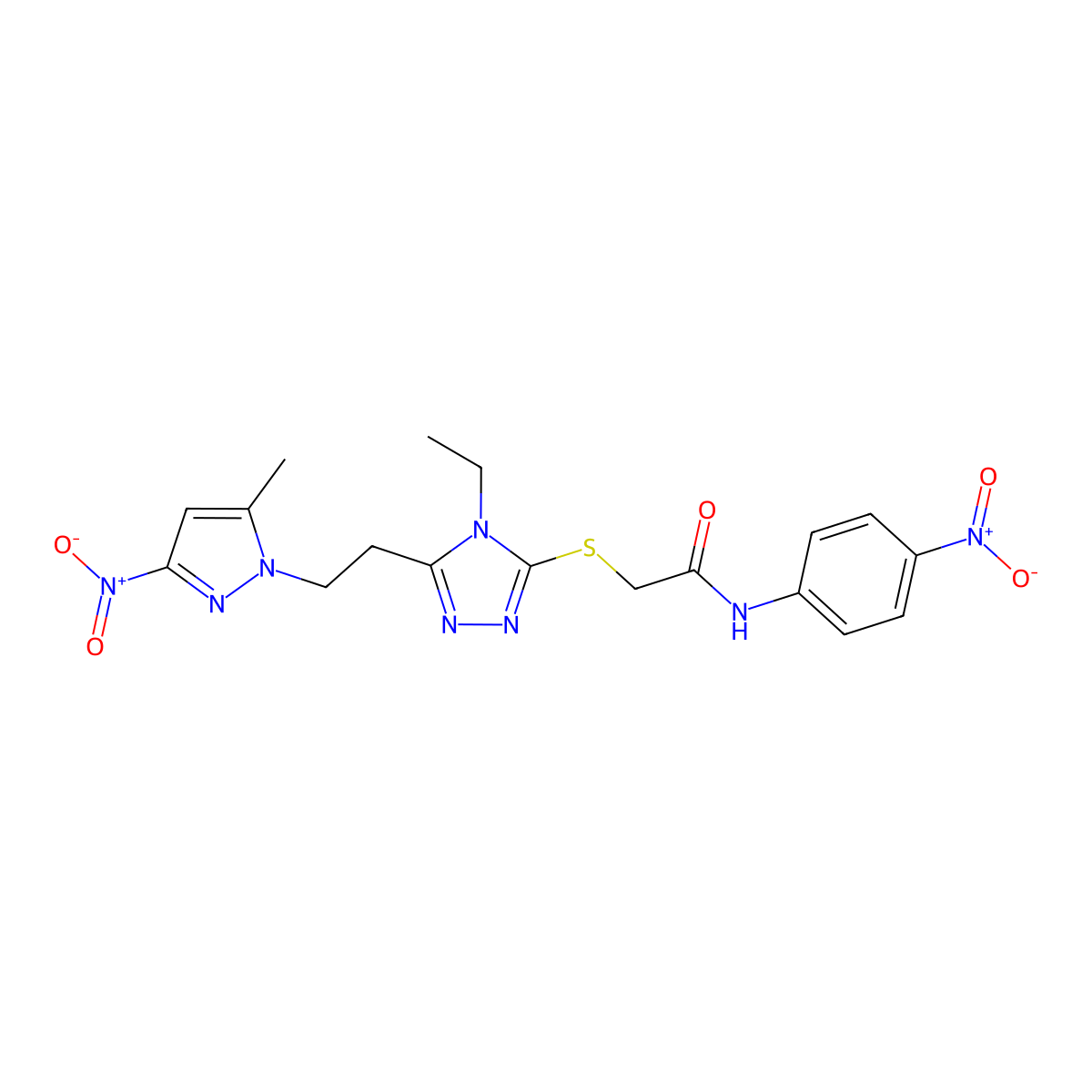 2-[[4-ethyl-5-[2-(5-methyl-3-nitropyrazol-1-yl)ethyl]-1,2,4-triazol-3-yl]sulfanyl]-N-(4-nitrophenyl)acetamide molecular structure, CAS 588672-84-8