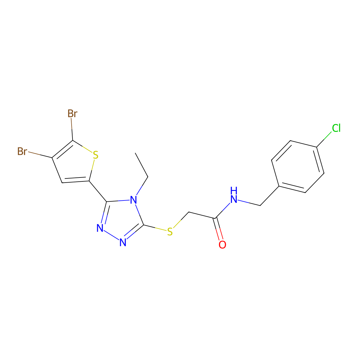 N-[(4-chlorophenyl)methyl]-2-[[5-(4,5-dibromothiophen-2-yl)-4-ethyl-1,2,4-triazol-3-yl]sulfanyl]acetamide molecular structure, CAS 588672-88-2