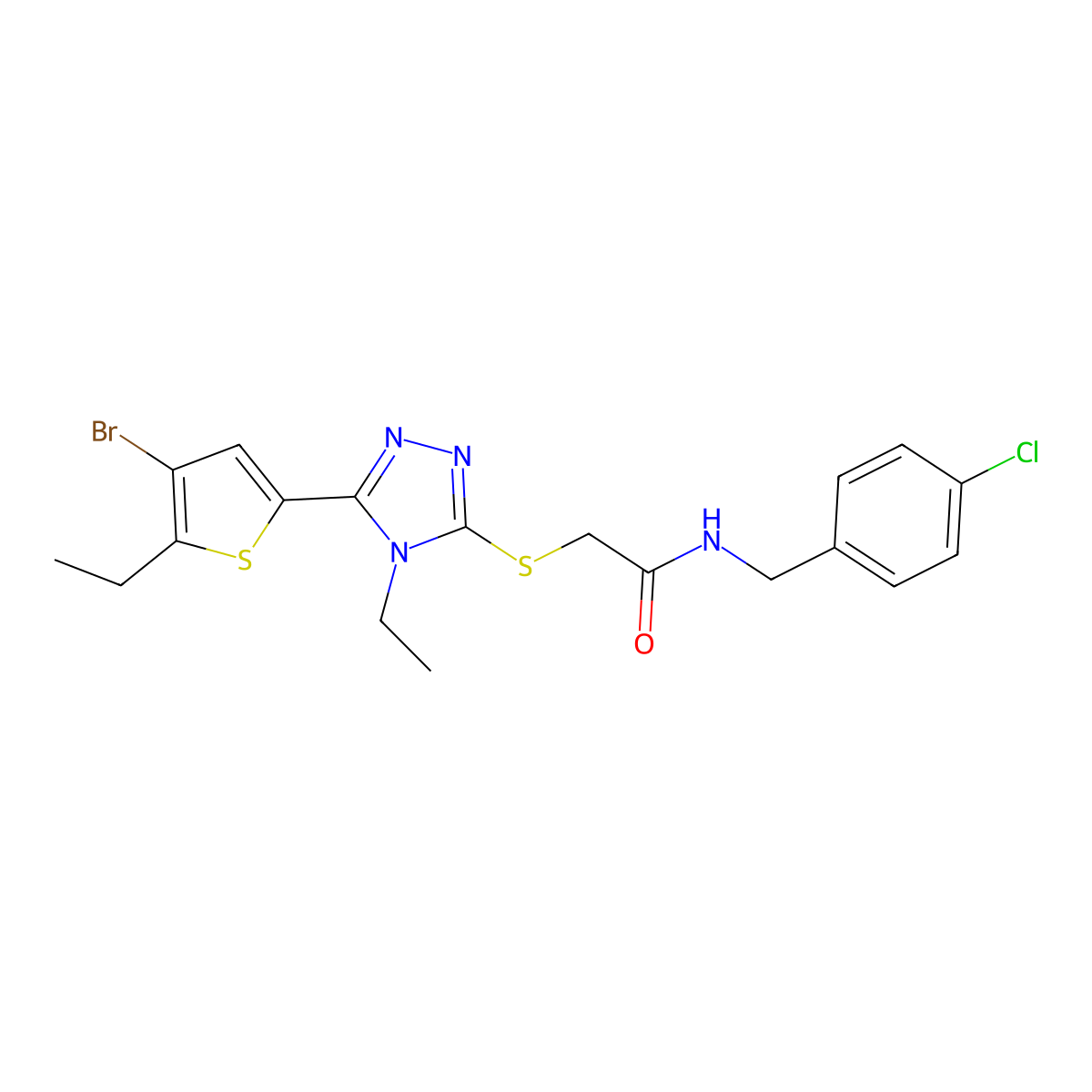 2-[[5-(4-bromo-5-ethylthiophen-2-yl)-4-ethyl-1,2,4-triazol-3-yl]sulfanyl]-N-[(4-chlorophenyl)methyl]acetamide molecular structure, CAS 588672-89-3