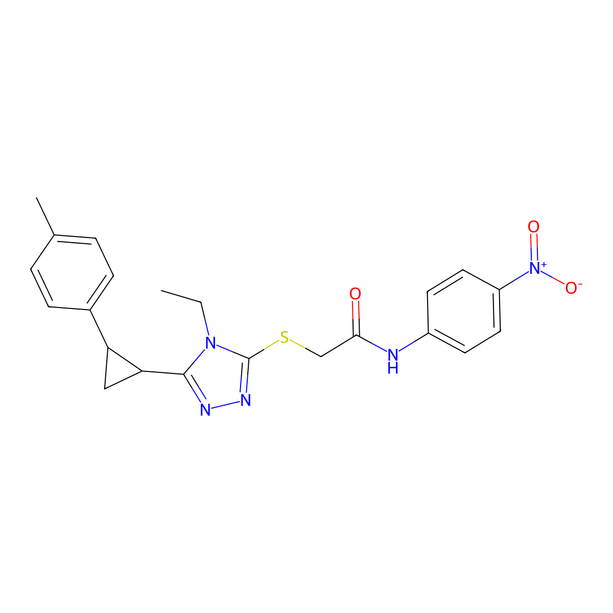 2-({4-ethyl-5-[2-(4-methylphenyl)cyclopropyl]-4H-1,2,4-triazol-3-yl}sulfanyl)-N-(4-nitrophenyl)acetamide molecular structure, CAS 588673-36-3