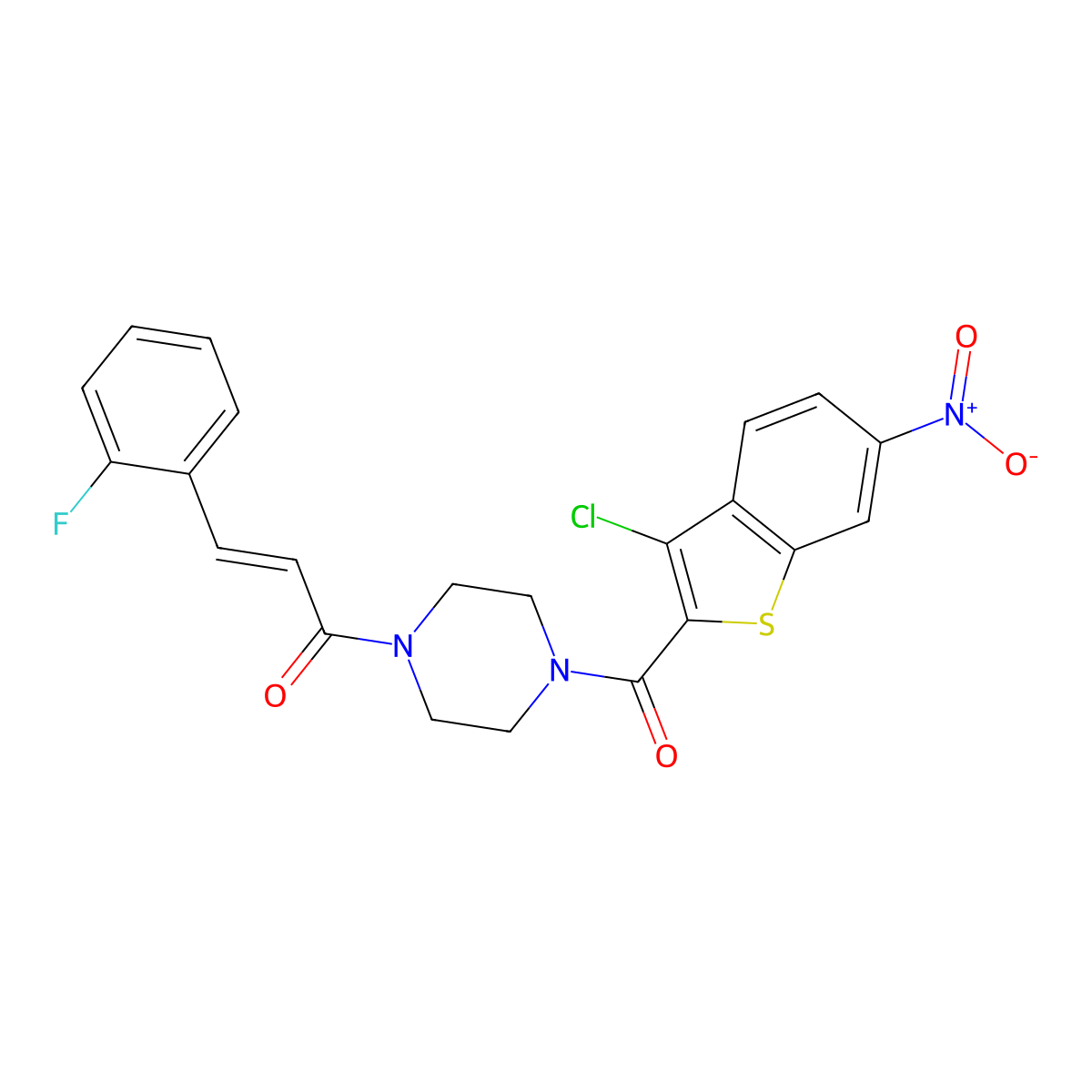 1-[4-(3-Chloro-6-nitro-1-benzothiophene-2-carbonyl)piperazin-1-yl]-3-(2-fluorophenyl)prop-2-en-1-one molecular structure, CAS 588673-75-0