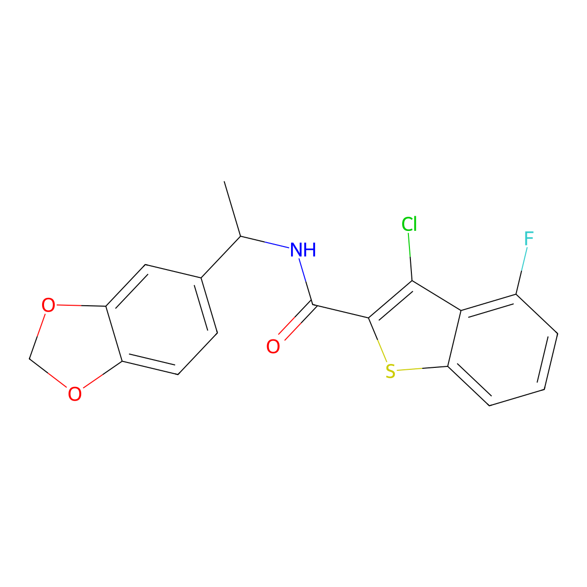 N-[1-(1,3-benzodioxol-5-yl)ethyl]-3-chloro-4-fluoro-1-benzothiophene-2-carboxamide molecular structure, CAS 588673-81-8
