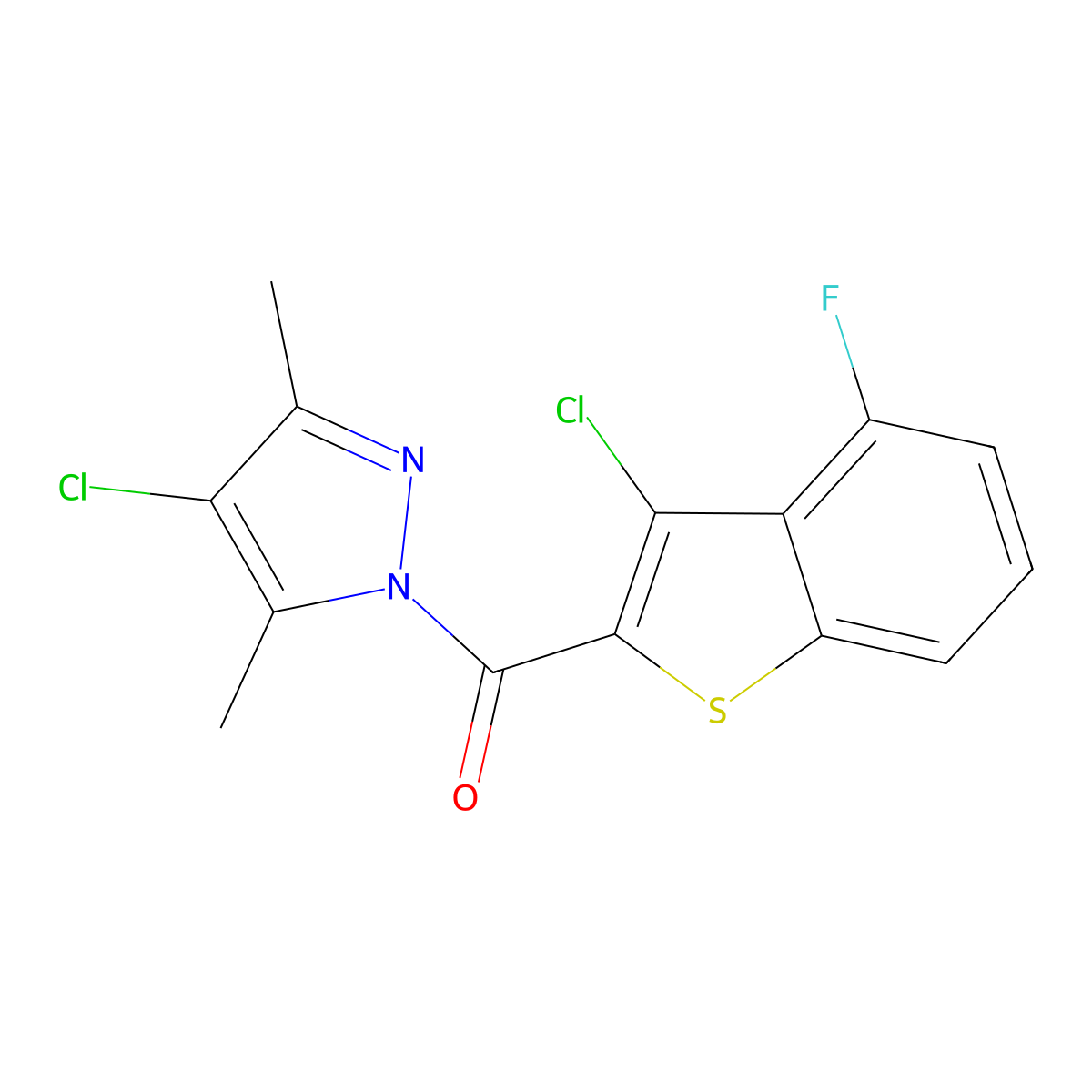 (4-chloro-3,5-dimethyl-1H-pyrazol-1-yl)(3-chloro-4-fluoro-1-benzothiophen-2-yl)methanone molecular structure, CAS 588674-72-0