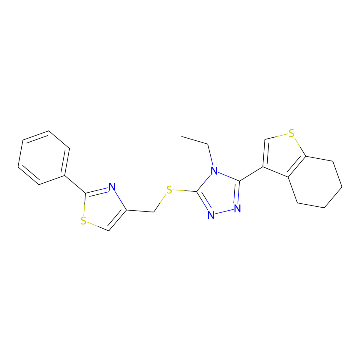 4-[[4-Ethyl-5-(4,5,6,7-tetrahydro-1-benzothiophen-3-yl)-1,2,4-triazol-3-yl]sulfanylmethyl]-2-phenyl-1,3-thiazole molecular structure, CAS 588675-29-0