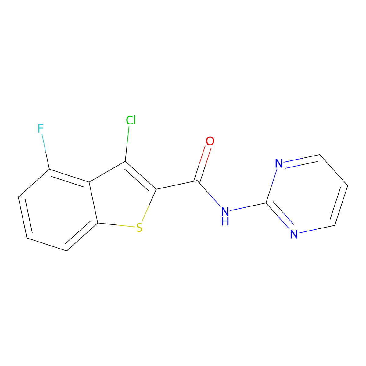 3-Chloro-4-fluoro-N-(pyrimidin-2-yl)benzo[b]thiophene-2-carboxamide molecular structure, CAS 588675-49-4