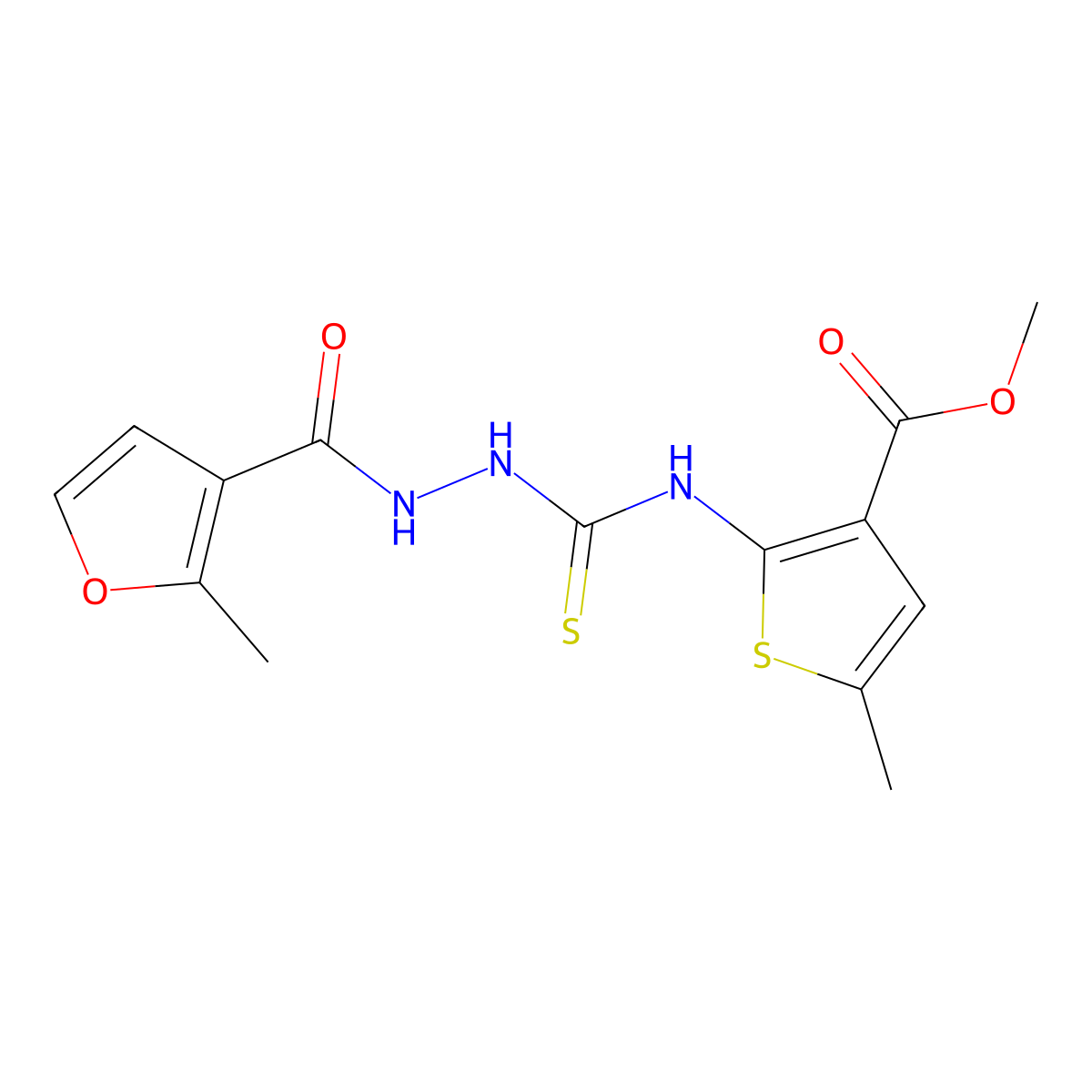 Methyl 5-methyl-2-[({2-[(2-methylfuran-3-yl)carbonyl]hydrazinyl}carbonothioyl)amino]thiophene-3-carboxylate molecular structure, CAS 588675-76-7