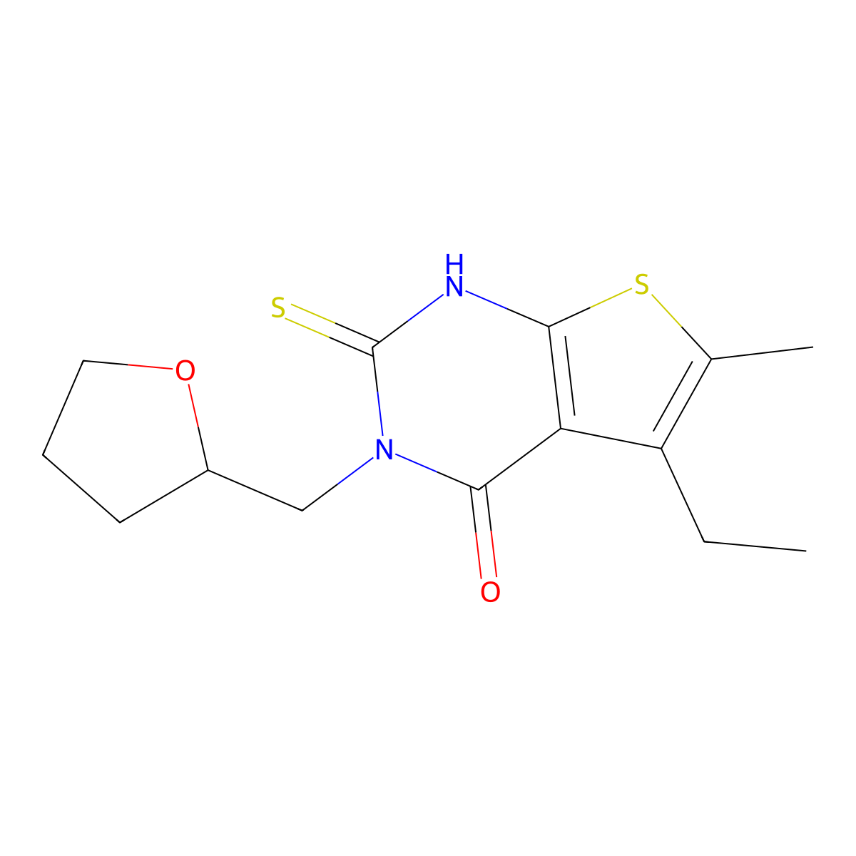 5-ethyl-6-methyl-3-(oxolan-2-ylmethyl)-2-sulfanyl-3H,4H-thieno[2,3-d]pyrimidin-4-one molecular structure, CAS 588676-66-8