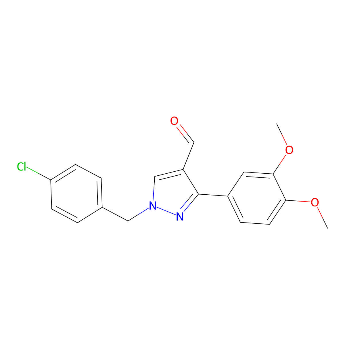 1-[(4-Chlorophenyl)methyl]-3-(3,4-dimethoxyphenyl)-1H-pyrazole-4-carboxaldehyde molecular structure, CAS 588676-84-0
