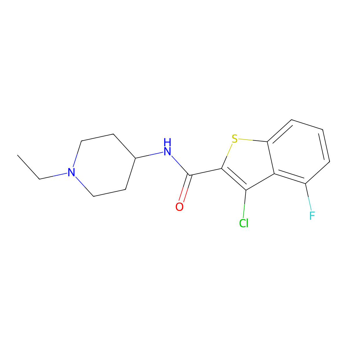 3-chloro-N-(1-ethylpiperidin-4-yl)-4-fluoro-1-benzothiophene-2-carboxamide molecular structure, CAS 588677-39-8