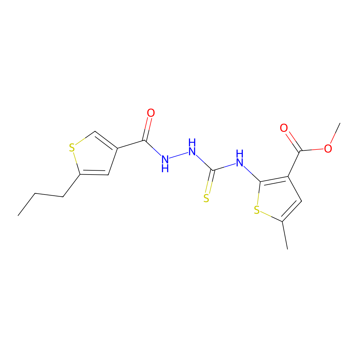 Methyl 5-methyl-2-[({2-[(5-propylthiophen-3-yl)carbonyl]hydrazinyl}carbonothioyl)amino]thiophene-3-carboxylate molecular structure, CAS 588677-80-9