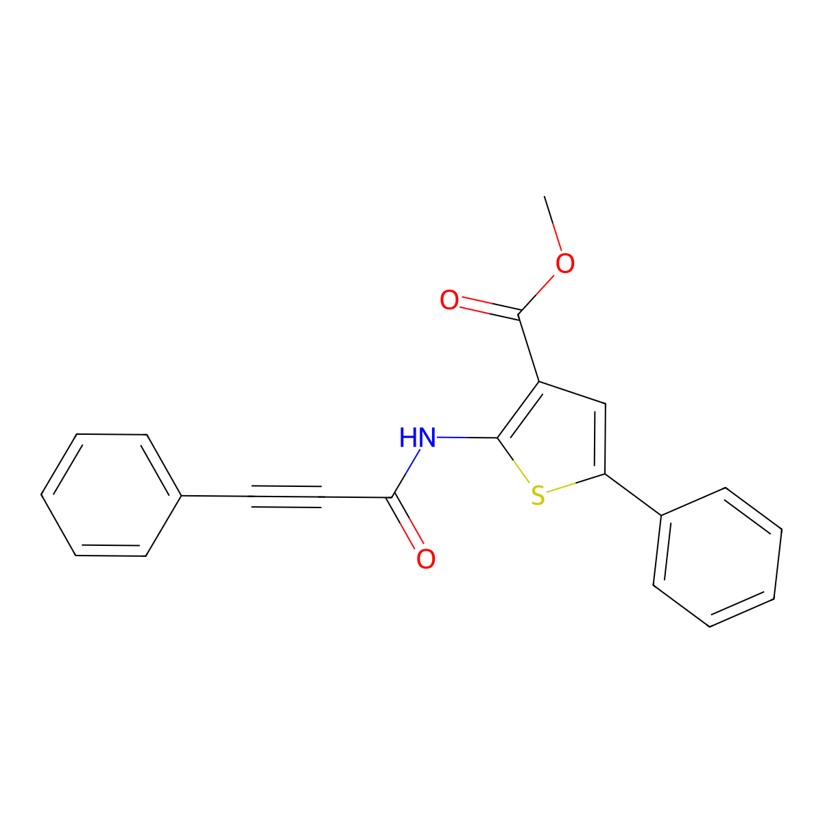 Methyl 5-phenyl-2-(3-phenylprop-2-ynoylamino)thiophene-3-carboxylate molecular structure, CAS 588678-06-2