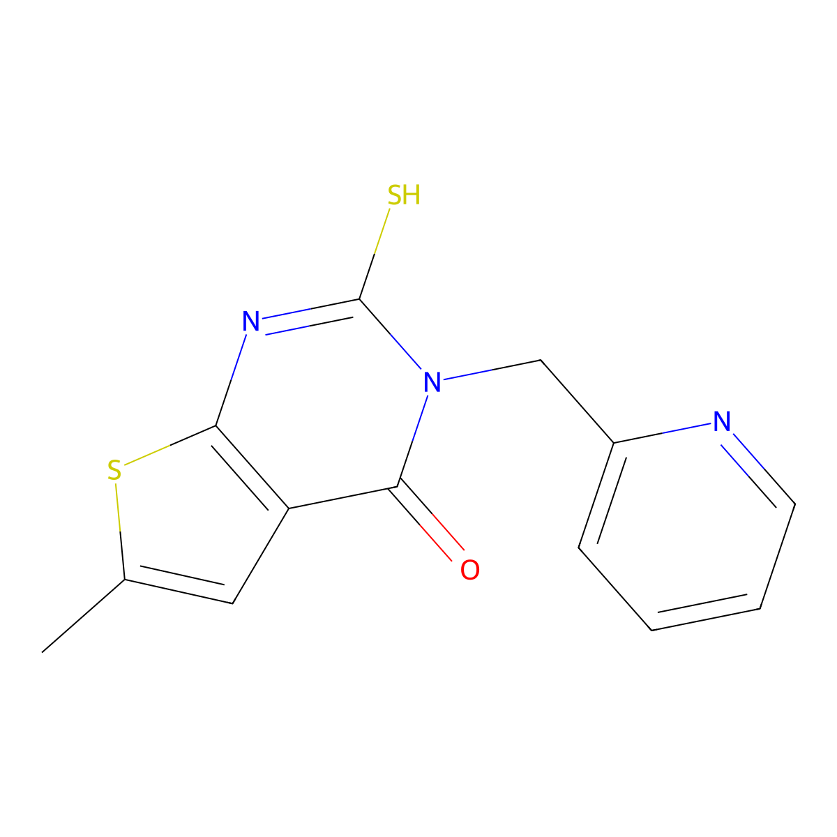 6-methyl-3-(pyridin-2-ylmethyl)-2-sulfanylthieno[2,3-d]pyrimidin-4(3H)-one molecular structure, CAS 588678-59-5