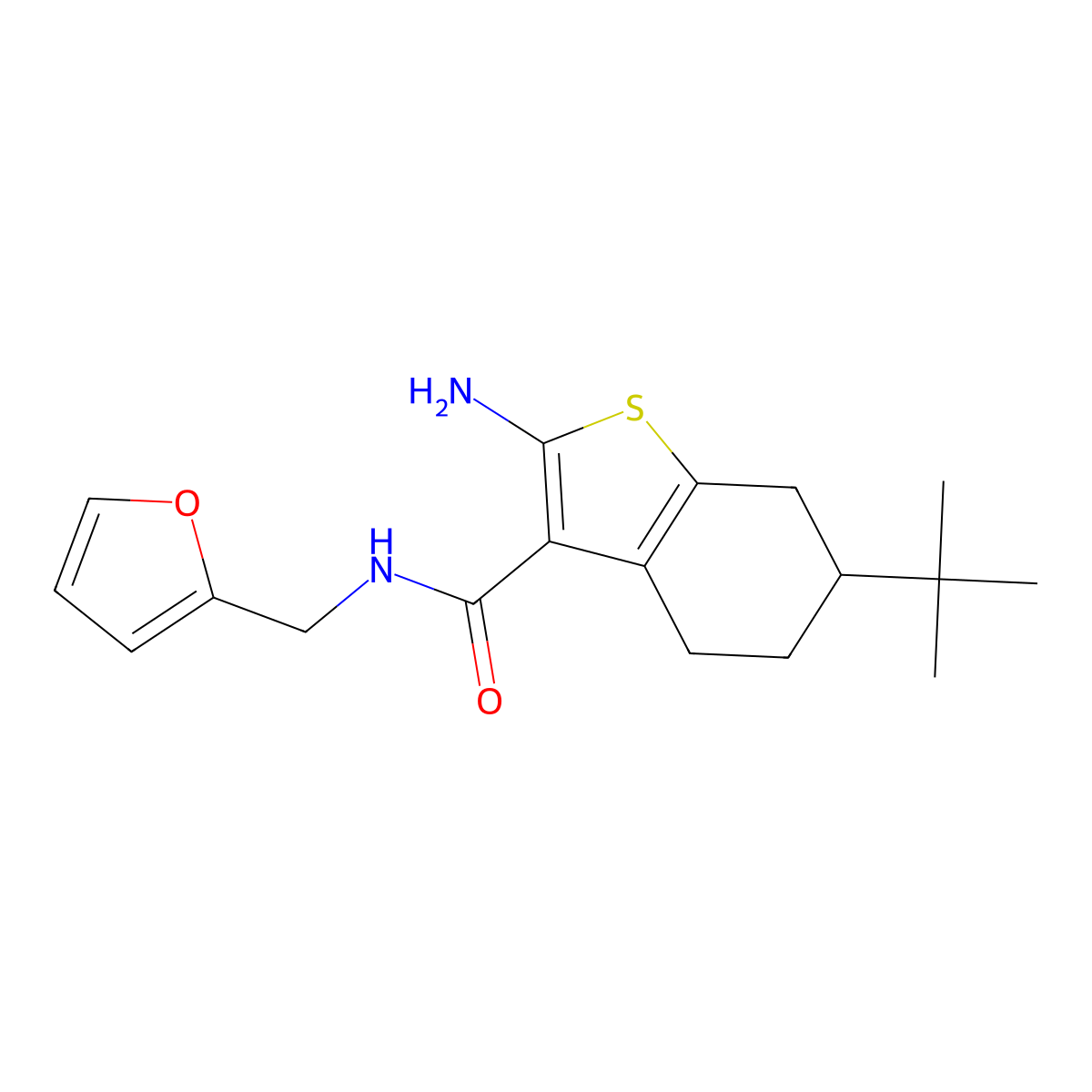 2-amino-6-tert-butyl-N-(2-furylmethyl)-4,5,6,7-tetrahydro-1-benzothiophene-3-carboxamide molecular structure, CAS 588678-81-3