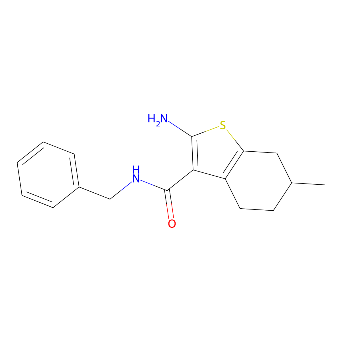 2-amino-N-benzyl-6-methyl-4,5,6,7-tetrahydro-1-benzothiophene-3-carboxamide molecular structure, CAS 588678-91-5
