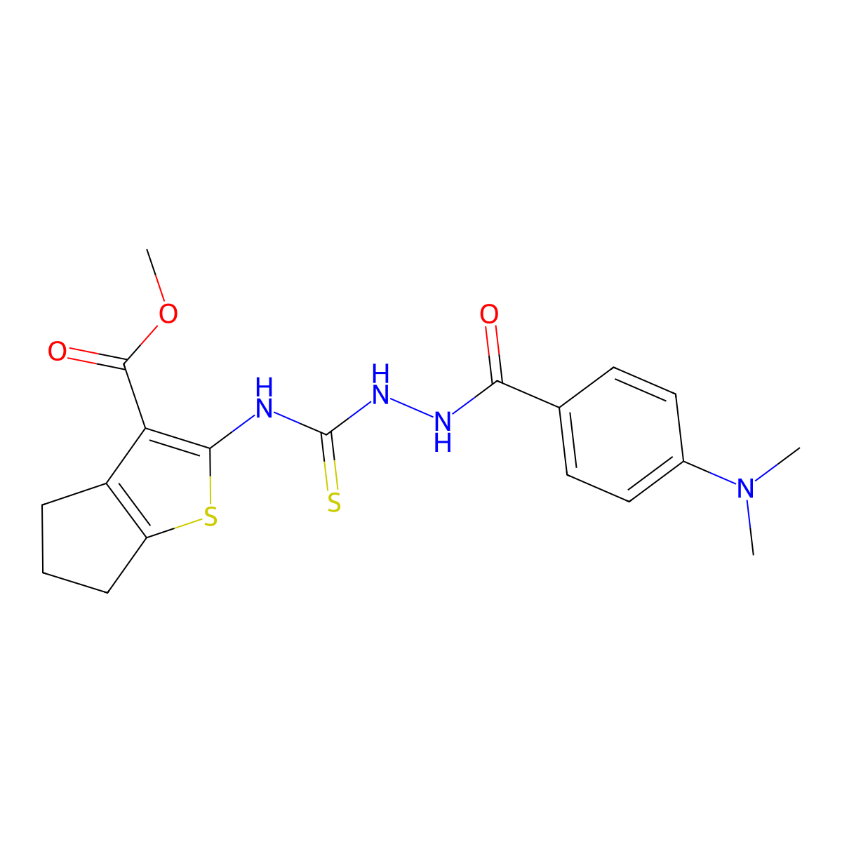 methyl 2-{[(2-{[4-(dimethylamino)phenyl]carbonyl}hydrazinyl)carbonothioyl]amino}-5,6-dihydro-4H-cyclopenta[b]thiophene-3-carboxylate molecular structure, CAS 588679-05-4