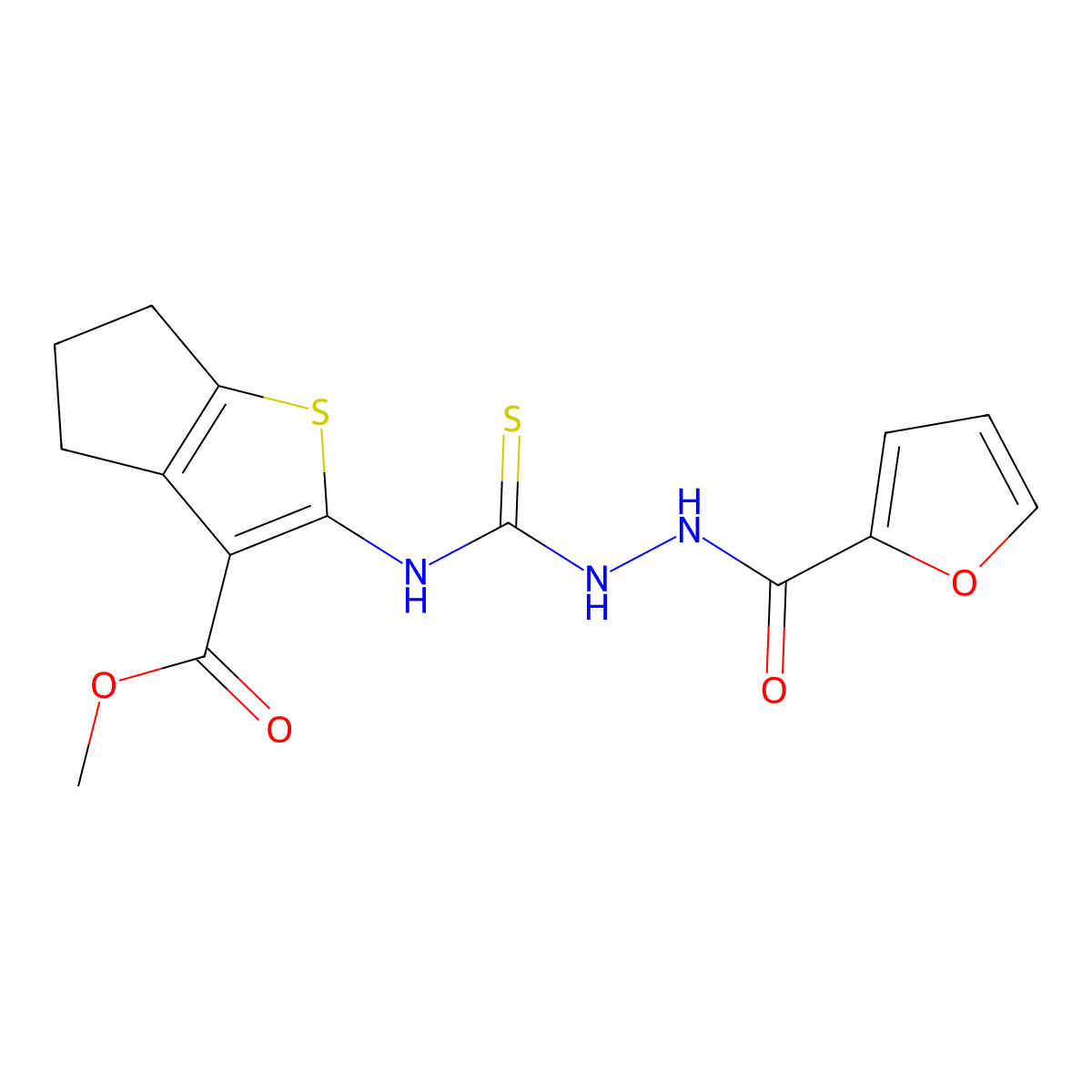 methyl 2-({[2-(furan-2-ylcarbonyl)hydrazinyl]carbonothioyl}amino)-5,6-dihydro-4H-cyclopenta[b]thiophene-3-carboxylate molecular structure, CAS 588679-07-6