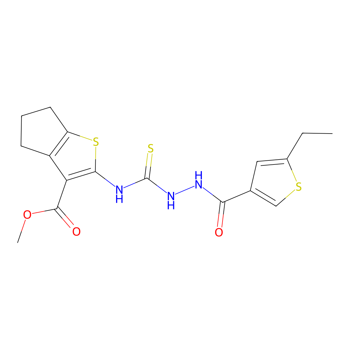 methyl 2-[({2-[(5-ethylthiophen-3-yl)carbonyl]hydrazinyl}carbonothioyl)amino]-5,6-dihydro-4H-cyclopenta[b]thiophene-3-carboxylate molecular structure, CAS 588679-08-7
