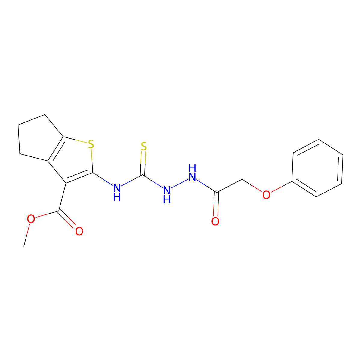 methyl 2-({[2-(phenoxyacetyl)hydrazinyl]carbonothioyl}amino)-5,6-dihydro-4H-cyclopenta[b]thiophene-3-carboxylate molecular structure, CAS 588679-26-9