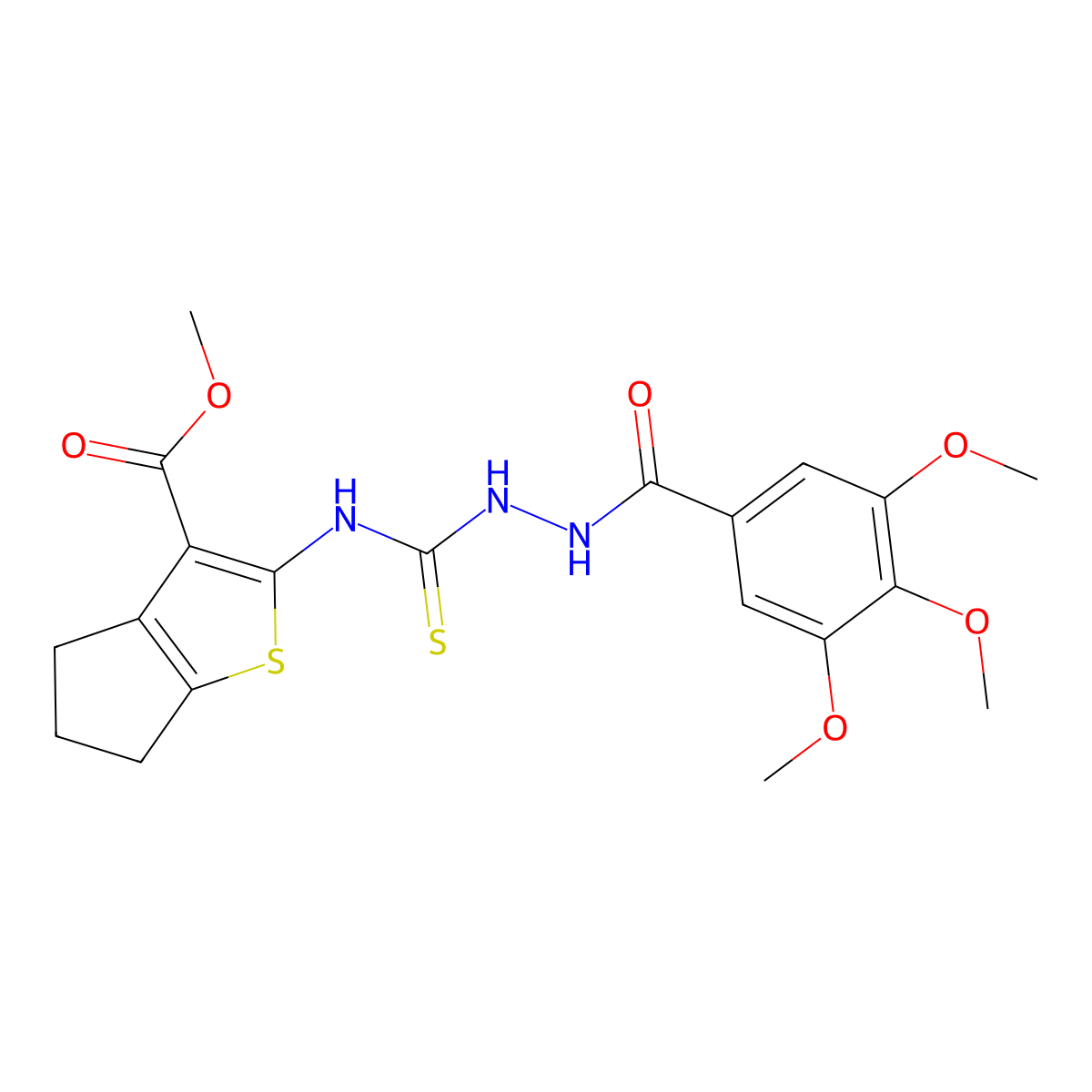 methyl 2-[({2-[(3,4,5-trimethoxyphenyl)carbonyl]hydrazinyl}carbonothioyl)amino]-5,6-dihydro-4H-cyclopenta[b]thiophene-3-carboxylate molecular structure, CAS 588679-28-1