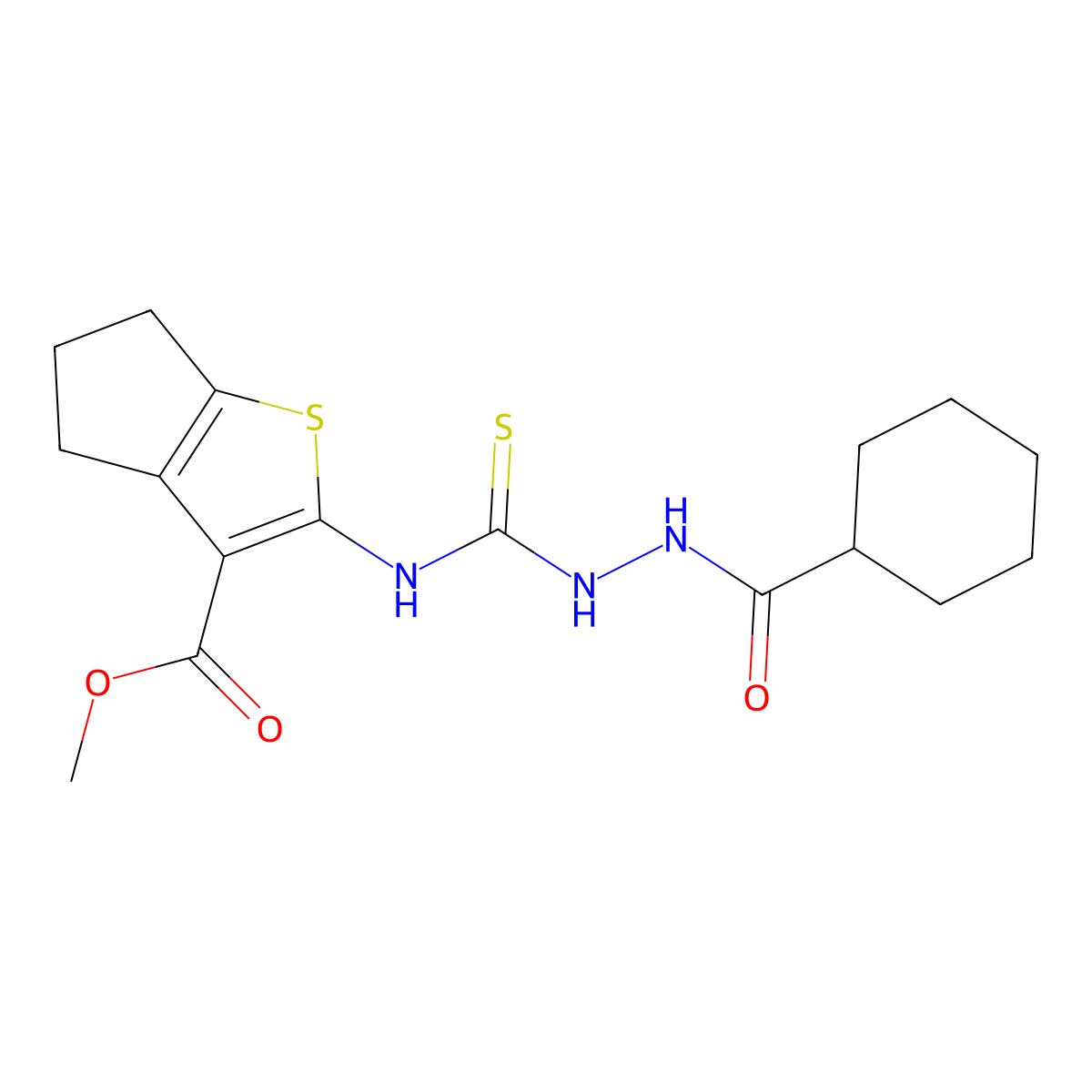 methyl 2-({[2-(cyclohexylcarbonyl)hydrazinyl]carbonothioyl}amino)-5,6-dihydro-4H-cyclopenta[b]thiophene-3-carboxylate molecular structure, CAS 588679-29-2