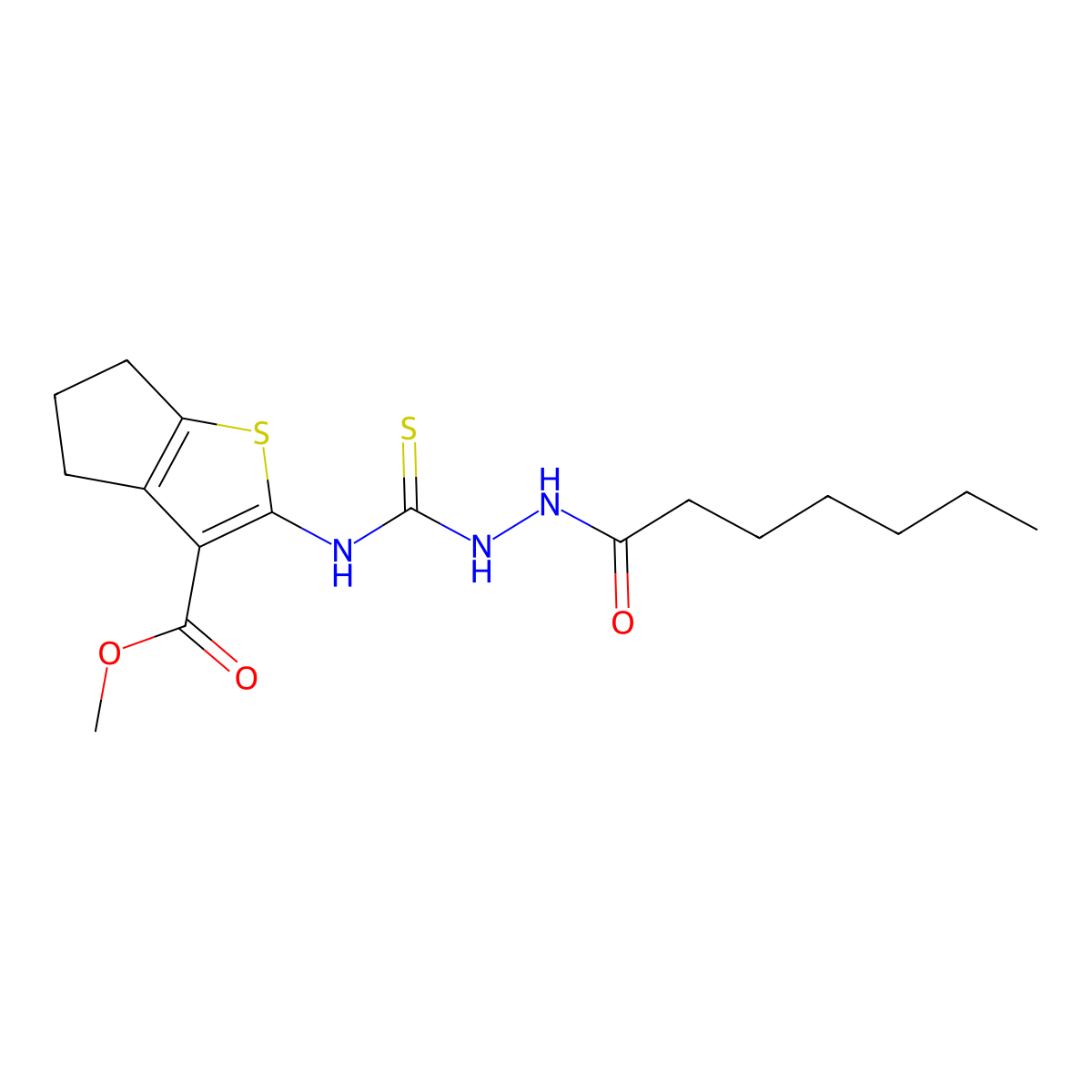 methyl 2-{[(2-heptanoylhydrazinyl)carbonothioyl]amino}-5,6-dihydro-4H-cyclopenta[b]thiophene-3-carboxylate molecular structure, CAS 588679-32-7