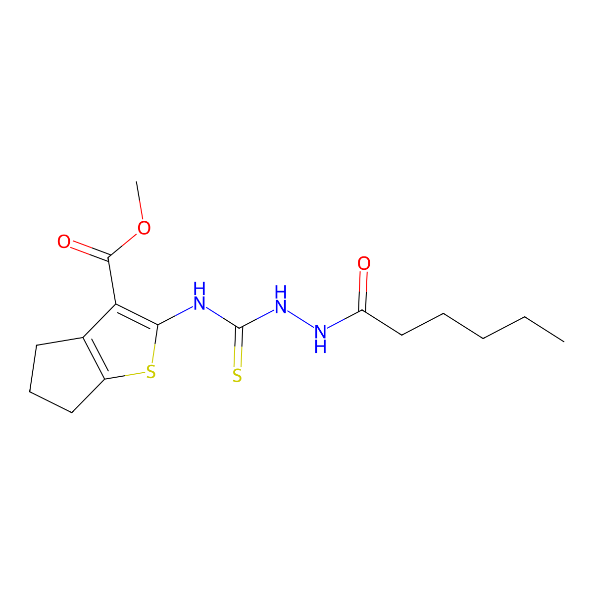 methyl 2-{[(2-hexanoylhydrazinyl)carbonothioyl]amino}-5,6-dihydro-4H-cyclopenta[b]thiophene-3-carboxylate molecular structure, CAS 588679-33-8