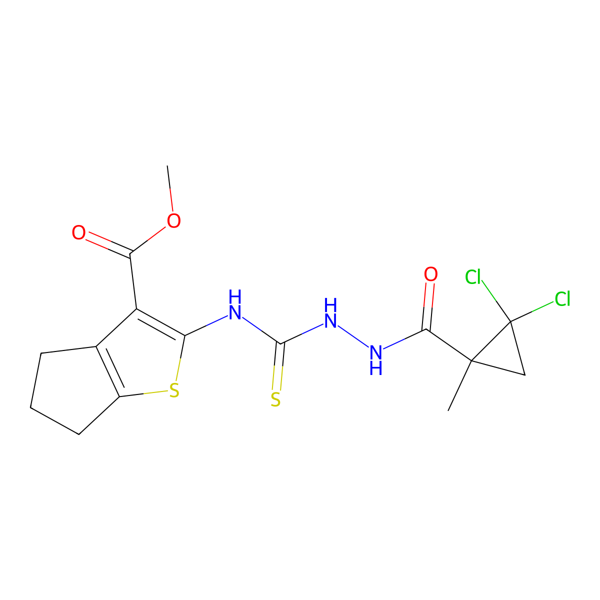 methyl 2-[({2-[(2,2-dichloro-1-methylcyclopropyl)carbonyl]hydrazinyl}carbonothioyl)amino]-5,6-dihydro-4H-cyclopenta[b]thiophene-3-carboxylate molecular structure, CAS 588679-41-8