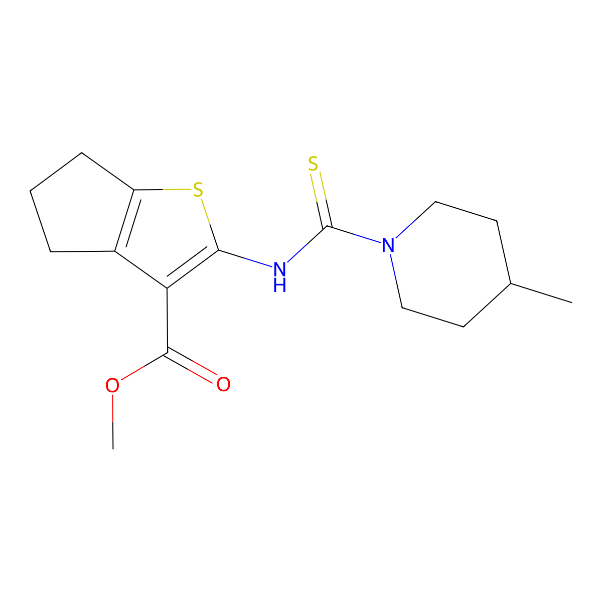 methyl 2-{[(4-methylpiperidin-1-yl)carbonothioyl]amino}-5,6-dihydro-4H-cyclopenta[b]thiophene-3-carboxylate molecular structure, CAS 588679-43-0