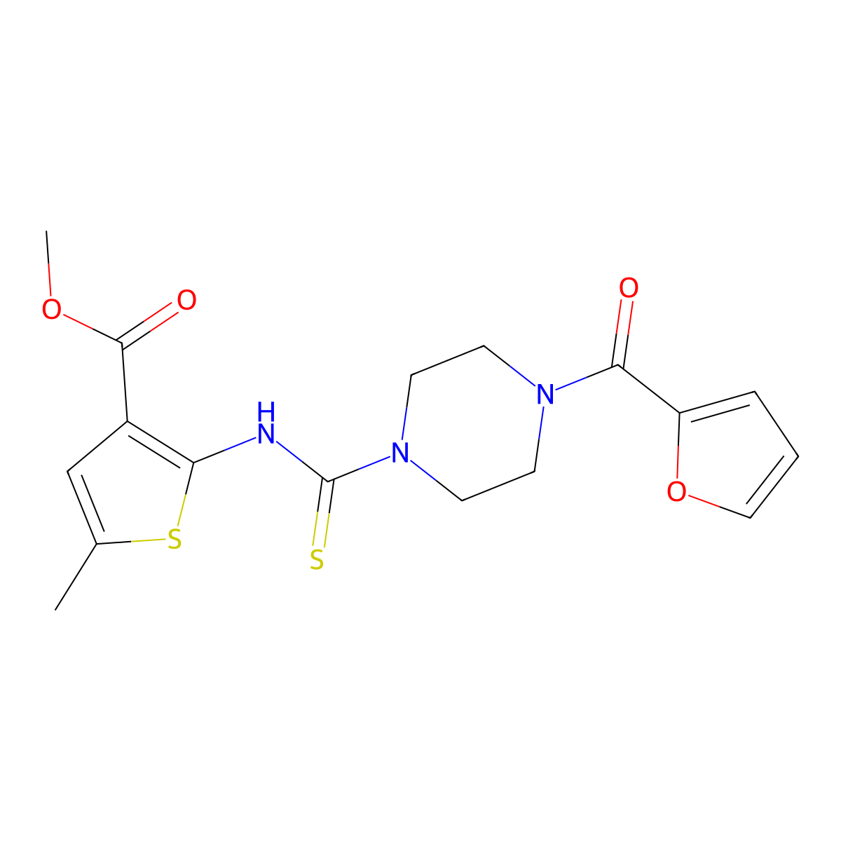 Methyl 2-({[4-(furan-2-ylcarbonyl)piperazin-1-yl]carbonothioyl}amino)-5-methylthiophene-3-carboxylate molecular structure, CAS 588680-28-8