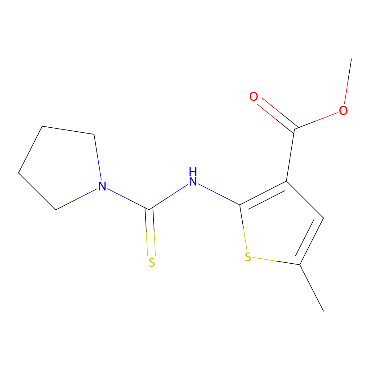 Methyl 5-methyl-2-[(pyrrolidinylthioxomethyl)amino]thiophene-3-carboxylate molecular structure, CAS 588680-32-4