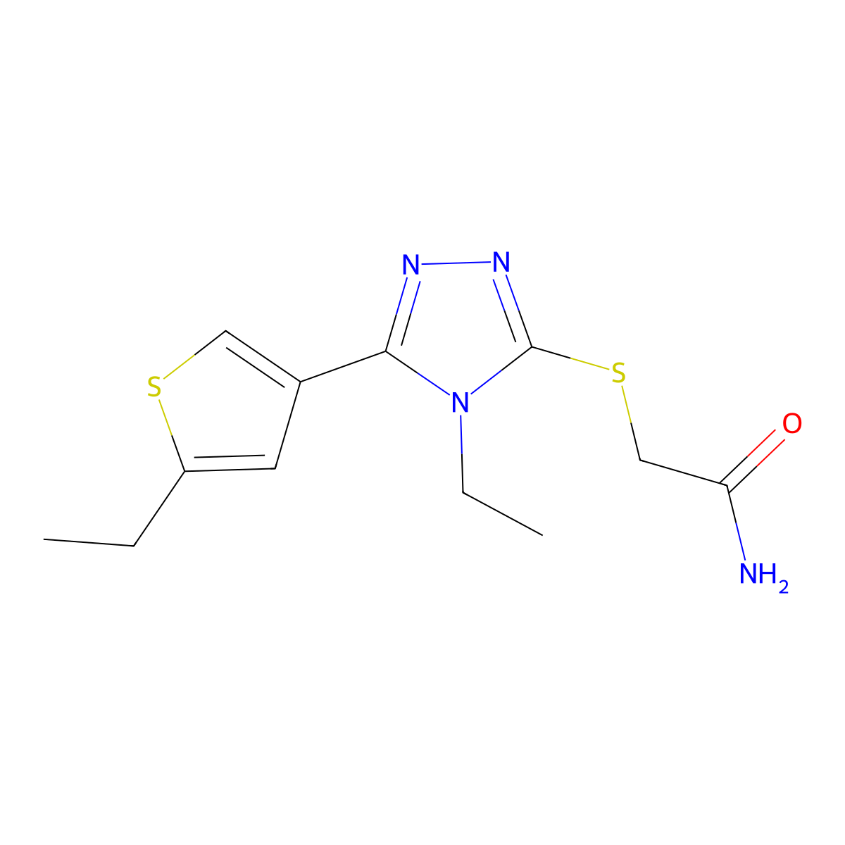 2-[[4-Ethyl-5-(5-ethylthiophen-3-yl)-1,2,4-triazol-3-yl]sulfanyl]acetamide molecular structure, CAS 588680-54-0