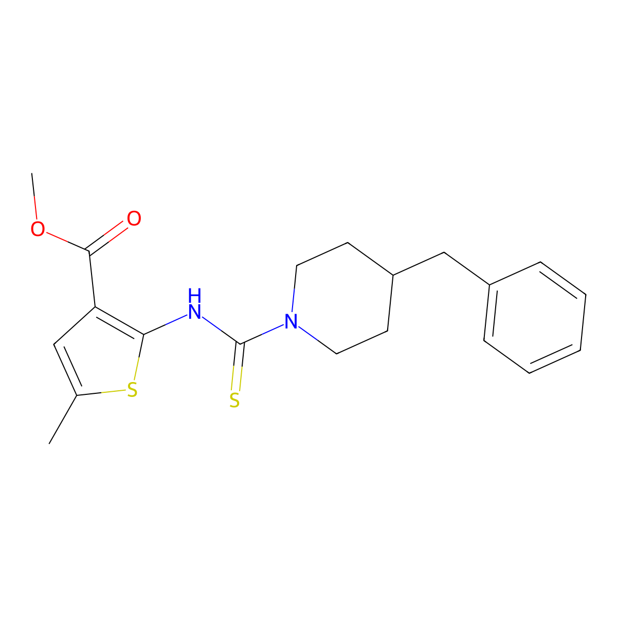 Methyl 2-{[(4-benzylpiperidin-1-yl)carbonothioyl]amino}-5-methylthiophene-3-carboxylate molecular structure, CAS 588680-62-0