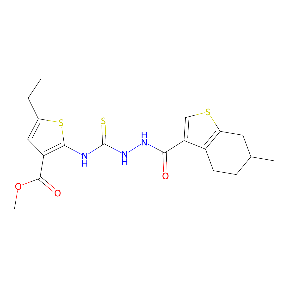 Methyl 5-ethyl-2-[({2-[(6-methyl-4,5,6,7-tetrahydro-1-benzothiophen-3-yl)carbonyl]hydrazinyl}carbonothioyl)amino]thiophene-3-carboxylate molecular structure, CAS 588680-82-4