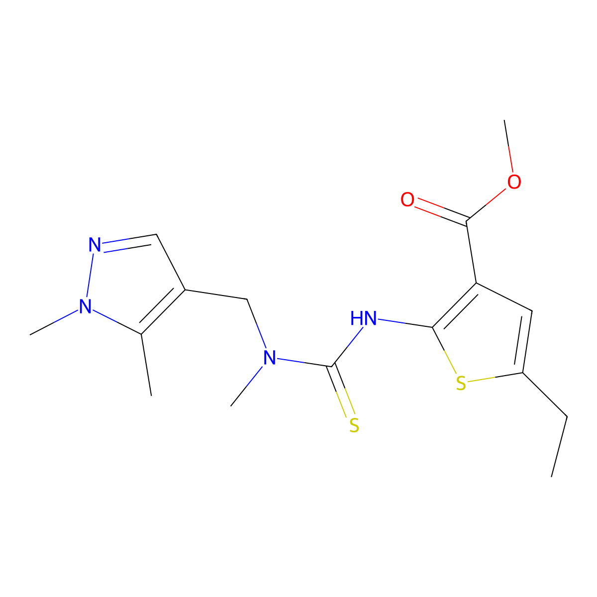 Methyl 2-[({[(1,5-dimethylpyrazol-4-yl)methyl]methylamino}thioxomethyl)amino]-5-ethylthiophene-3-carboxylate molecular structure, CAS 588681-26-9