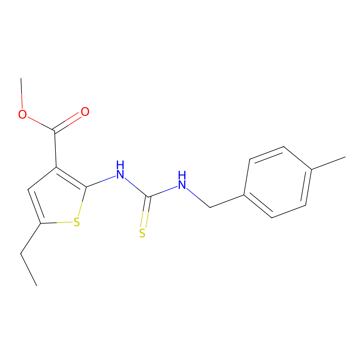 Methyl 5-ethyl-2-{[(4-methylbenzyl)carbamothioyl]amino}thiophene-3-carboxylate molecular structure, CAS 588681-63-4