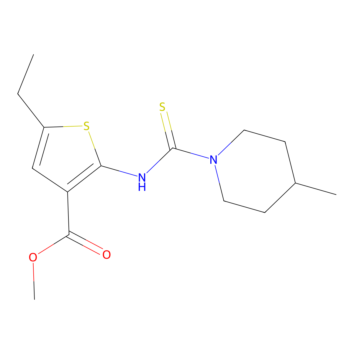 Methyl 5-ethyl-2-{[(4-methylpiperidin-1-yl)carbonothioyl]amino}thiophene-3-carboxylate molecular structure, CAS 588682-16-0