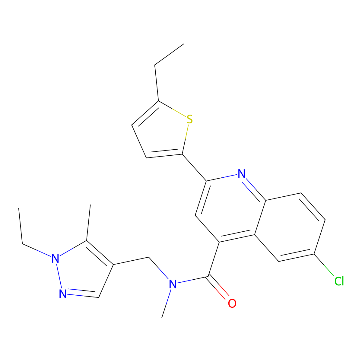6-chloro-N-[(1-ethyl-5-methylpyrazol-4-yl)methyl]-2-(5-ethylthiophen-2-yl)-N-methylquinoline-4-carboxamide molecular structure, CAS 588683-73-2