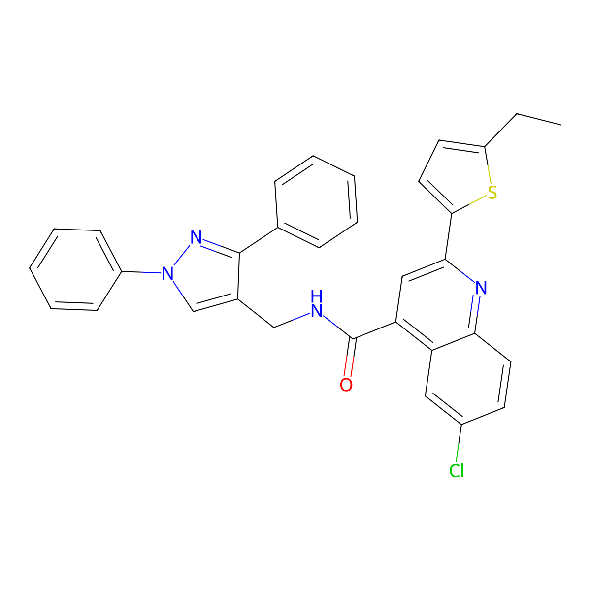 6-chloro-N-[(1,3-diphenylpyrazol-4-yl)methyl]-2-(5-ethylthiophen-2-yl)quinoline-4-carboxamide molecular structure, CAS 588683-85-6