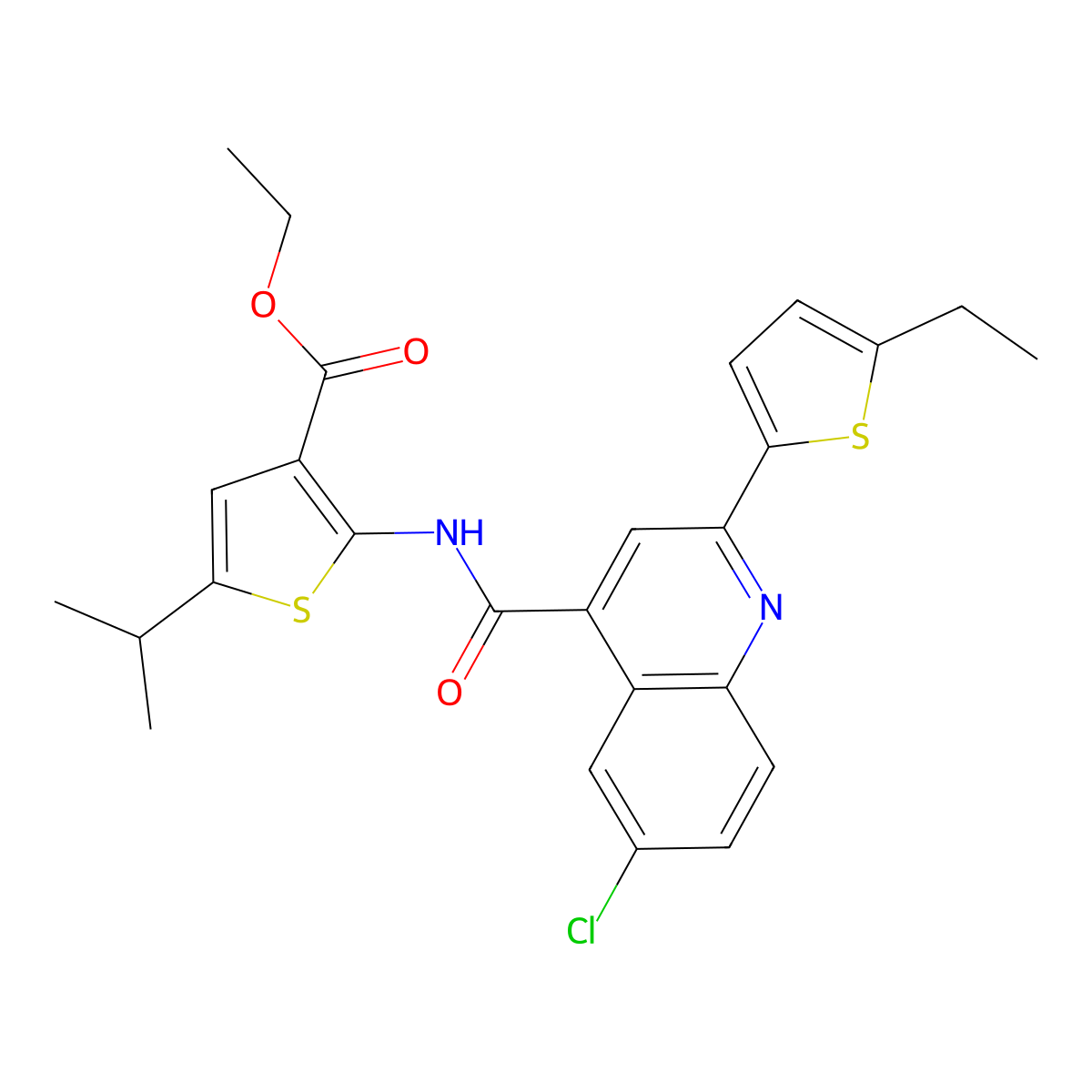 Ethyl 2-({[6-chloro-2-(5-ethylthiophen-2-yl)quinolin-4-yl]carbonyl}amino)-5-(propan-2-yl)thiophene-3-carboxylate molecular structure, CAS 588683-91-4