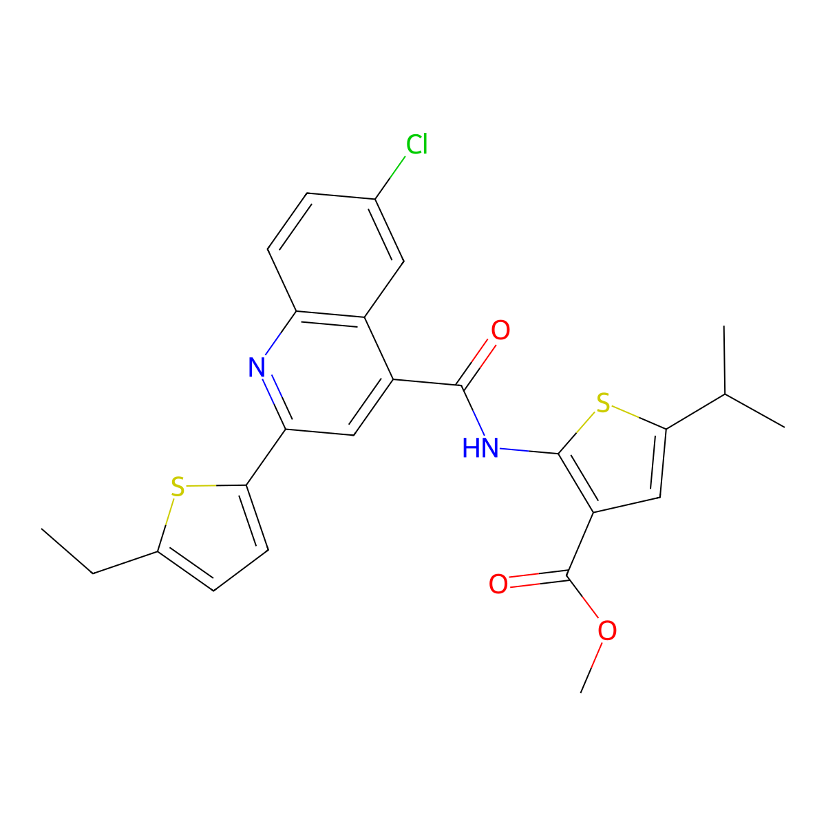 Methyl 2-({[6-chloro-2-(5-ethylthiophen-2-yl)quinolin-4-yl]carbonyl}amino)-5-(propan-2-yl)thiophene-3-carboxylate molecular structure, CAS 588683-92-5